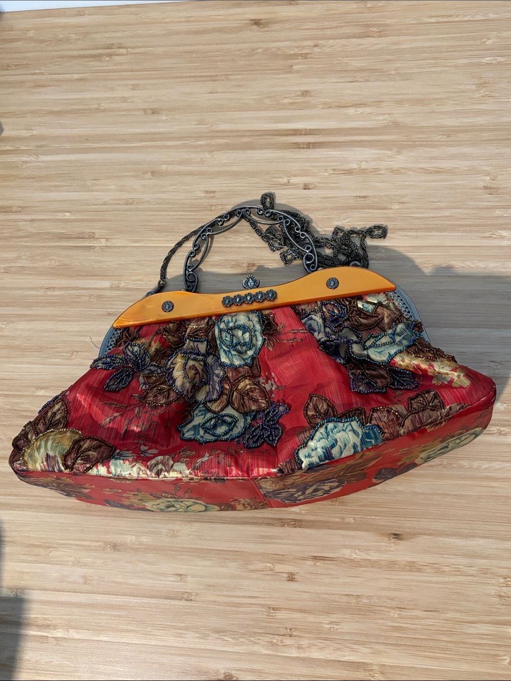 Floral Beaded Orange Satiny Evening Bag with Chain Handle Cross-Body Chain